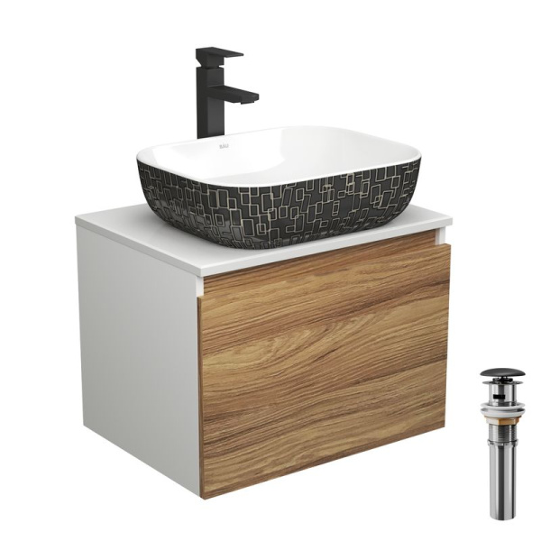 Комплект для ванной, 4 предмета (тумба Bau Dream 60 + раковина BAU 50х40, белая/черная + смеситель Hotel Black, выпуск клик-клак, черный)