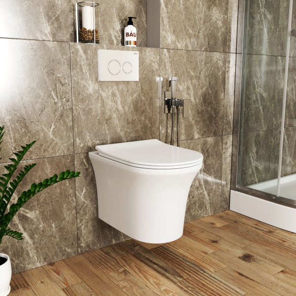 Комплект BAU 6 в 1: усиленная инсталляция BAU IDEAL, унитаз подвесной безободковый Bau Spectrum PRO, сиденье микролифт, клавиша BAU Strike, белая/хром