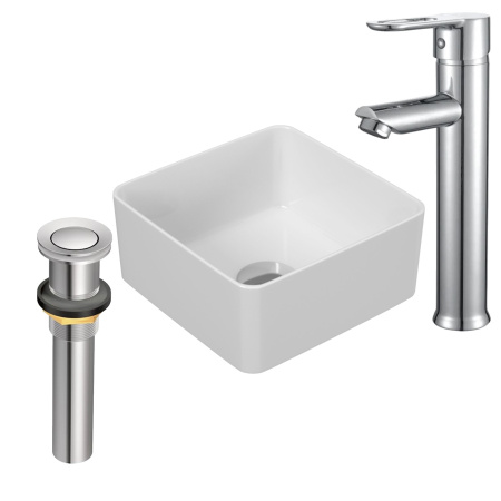 Раковина со смесителем и выпуском (Умывальник накладной на столешницу BAU Mini квадратный 24х24 белый, смеситель для раковины высокий Diadonna Dream, латунь, выпуск клик клак, хром)