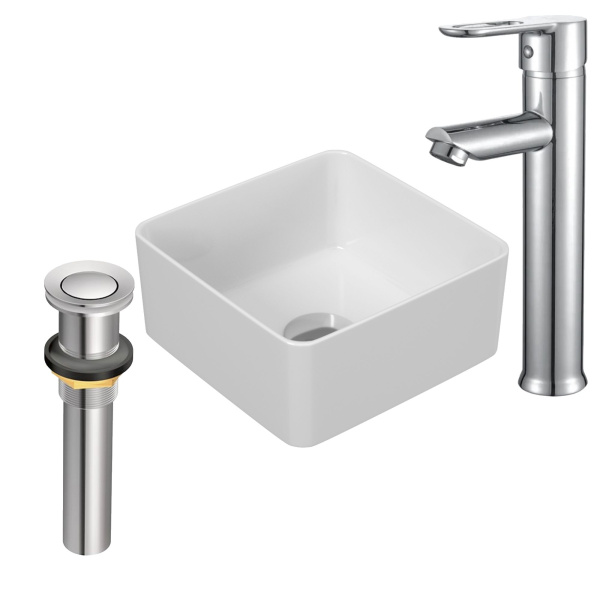 Раковина со смесителем и выпуском (Умывальник накладной на столешницу BAU Mini квадратный 24х24 белый, смеситель для раковины высокий Diadonna Dream, латунь, выпуск клик клак, хром)