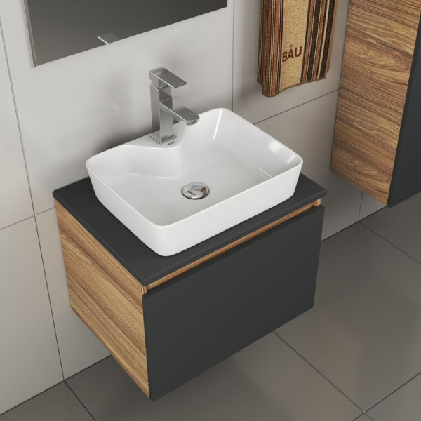 Комплект для ванной, 4 предмета (тумба Bau 60, графит + раковина BAU 48х37, с отв. под смеситель + смеситель Hotel Still, выпуск клик-клак, хром)