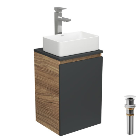 Комплект для ванной, 4 предмета (тумба Bau 40, графит + раковина BAU Hotel mini 37х23 + смеситель Hotel Still, выпуск клик-клак, белый)