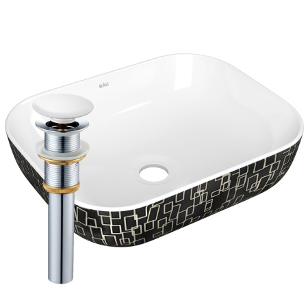 Раковина накладная прямоугольная BAU Stil 50х40, белая/черная с орнаментом + выпуск клик-клак, белый