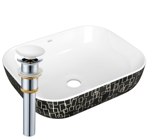 Раковина накладная прямоугольная BAU Stil 50х40, белая/черная с орнаментом + выпуск клик-клак, белый