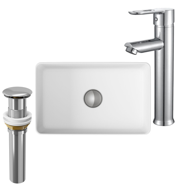 Раковина накладная со смесителем и выпуском (Умывальник BAU Mini прямоугольный, 38х24 белый + смеситель для раковины высокий Diadonna Dream, латунь, выпуск клик клак, хром)