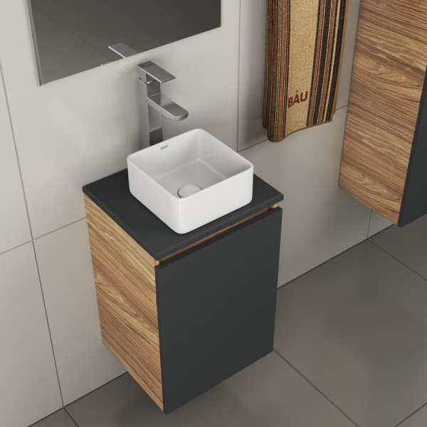 Комплект для ванной, 4 предмета (тумба Bau 40, графит + раковина BAU Hotel mini 24х24 + смеситель Hotel Still, выпуск клик-клак, белый)