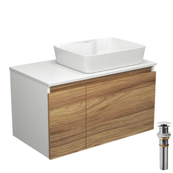 Тумба с раковиной и выпуском (тумба подвесная Bau Dream 80 + раковина BAU Cerama 48х37, с отверстием под смеситель, белая, выпуск клик-клак, белый)