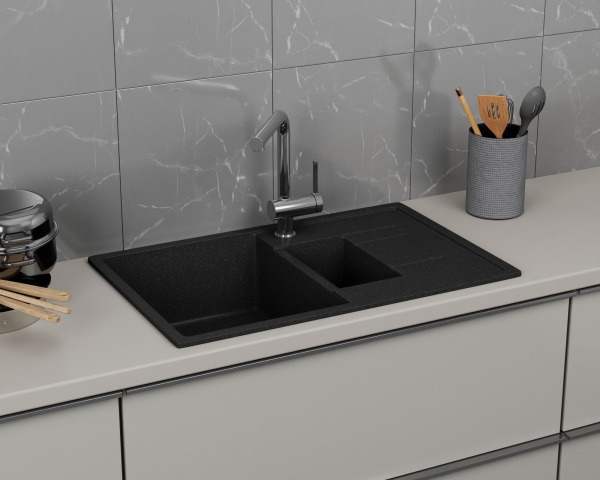 Мойка для кухни оборачиваемая полуторная чаша с крылом BAU Stil Black stone 77х50, выпуск с сифоном в комплекте, черный камень