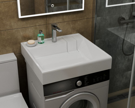 Раковина над стиральной машиной BAU Stil литьевой мрамор в комплекте с выпуском и кронштейнами, белый глянец