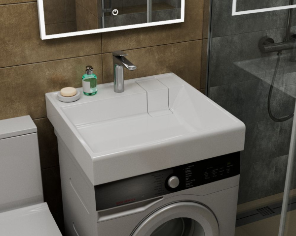 Раковина над стиральной машиной BAU Stil литьевой мрамор в комплекте с выпуском и кронштейнами, белый глянец