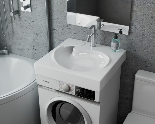 Раковина над стиральной машиной BAU Omega 60х60, литьевой мрамор в комплекте с кронштейнами и сифоном , белый глянец