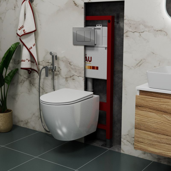 Комплект BAU 6 в 1: инсталляция BAU PRO, унитаз подвесной безободковый Bau Dream 49,5х36, сиденье дюропласт микролифт, клавиша BAU Stil, хром