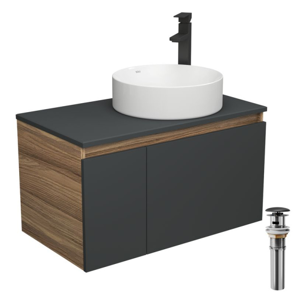 Комплект для ванной, 4 предмета (тумба Bau 80, графит + раковина BAU Dream D41 + смеситель Hotel Black, выпуск клик-клак, черный)