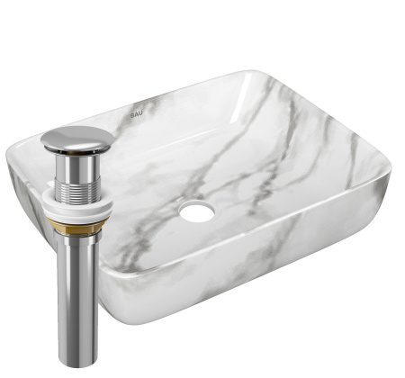 Раковина накладная прямоугольная BAU Hotel 50х39, мрамор + выпуск клик-клак, хром