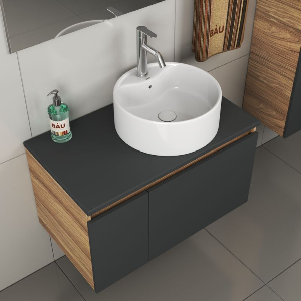 Комплект для ванной, 4 предмета (тумба Bau 80, графит + раковина BAU D40, с отв. под смеситель + смеситель Dream, выпуск клик-клак, белый)