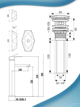 Раковина накладная со смесителем и выпуском (на столешницу BAU Crystal 64х40, белая + смеситель Hotel Black, черный, выпуск клик-клак черный)