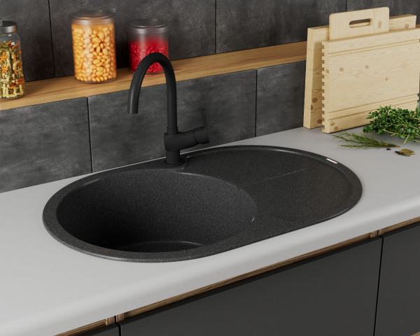 Мойка для кухни врезная кварцевая в комплекте с сифоном BAU Dream Black 78х51, черный