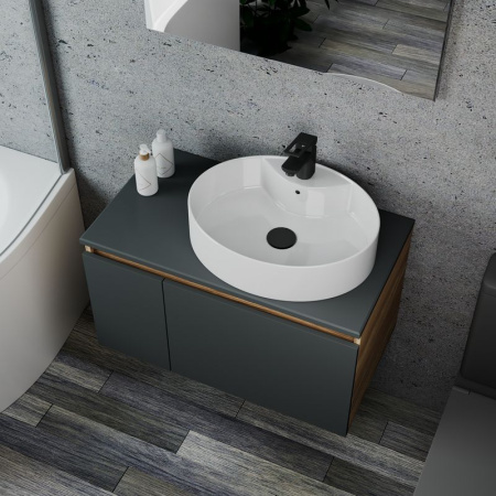 Комплект для ванной, 4 предмета (Тумба подвесная Blackwood 80 графит + Раковина BAU 51х41, с отв. под см-ль + Смеситель Cerama Black, выпуск черный)