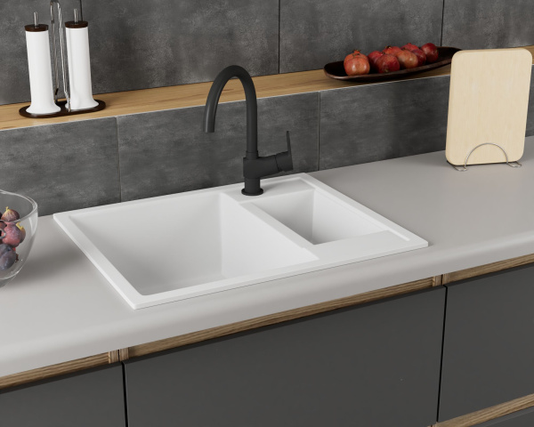 Мойка для кухни оборачиваемая полуторная чаша BAU Stil White snow 60х50, выпуск с сифоном в комплекте, белый снег