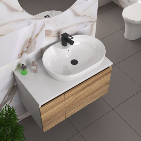 Комплект для ванной, 4 предмета (Тумба подвесная Bau Blackwood 80 + Раковина BAU 60х42, с отв. под см-ль + Смеситель Cerama Black, выпуск черный)