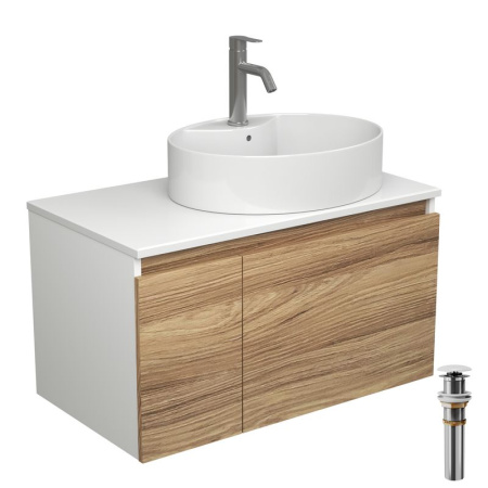 Комплект для ванной, 4 предмета (Тумба подвесная Bau Blackwood 80 + Раковина BAU 51х41, с отв. под см-ль + Смеситель Dream, нерж. сталь, выпуск белый)