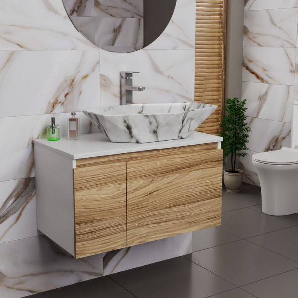 Комплект для ванной, 3 предмета (Тумба подвесная Bau Blackwood 80 + Раковина BAU 64х40, мрамор, Смеситель высокий Hotel Still, нерж. сталь)