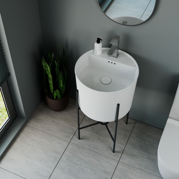 Раковина напольная с металлическими ножками и выпуском (BAU Omega белая + смеситель Hotel Still, выпуск клик-клак белый)