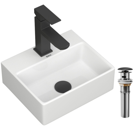 Раковина накладная со смесителем и выпуском (прямоугольная BAU Cerama Mini 33х28 + смеситель Hotel Black, черный, выпуск)