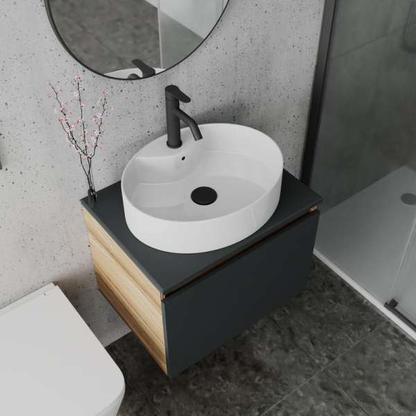 Комплект для ванной, 4 предмета (Тумба подвесная Blackwood 60 графит + Раковина BAU 51х41, с отв. под см-ль + Смеситель Dream Black, выпуск черный)