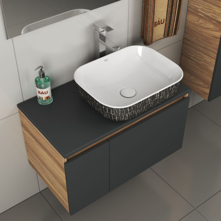 Комплект для ванной, 4 предмета (тумба Bau 80, графит + раковина BAU Stil Black White 50х40 + смеситель Hotel Still, выпуск клик-клак, белый)