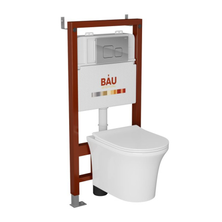 Комплект BAU 6 в 1: инсталляция BAU PRO, унитаз подвесной безободковый Bau Spectrum PRO, быстросъемное сиденье микролифт, кнопка смыва BAU Soul, хром