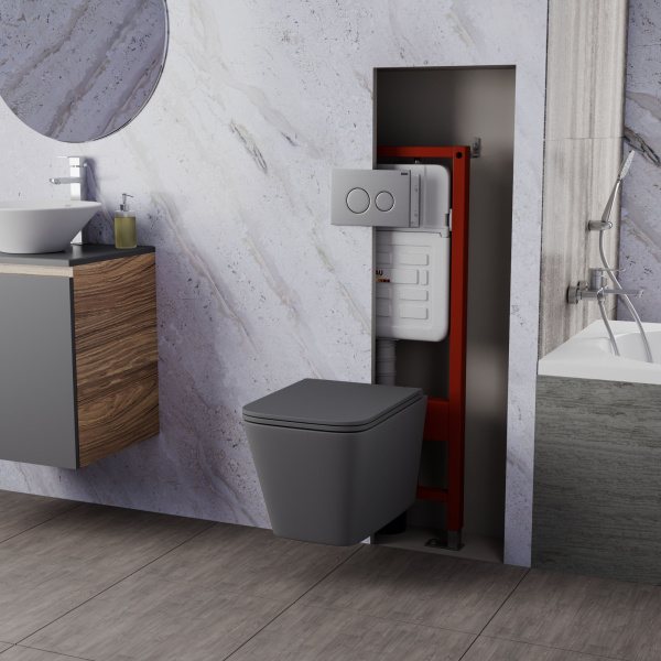 Комплект BAU 6 в 1: усиленная инсталляция BAU IDEAL, унитаз подвесной безободковый торнадо обратного потока Bau Stil Hurricane2 темно-серый матовый, сиденье микролифт, клавиша BAU Wheel антивандальная