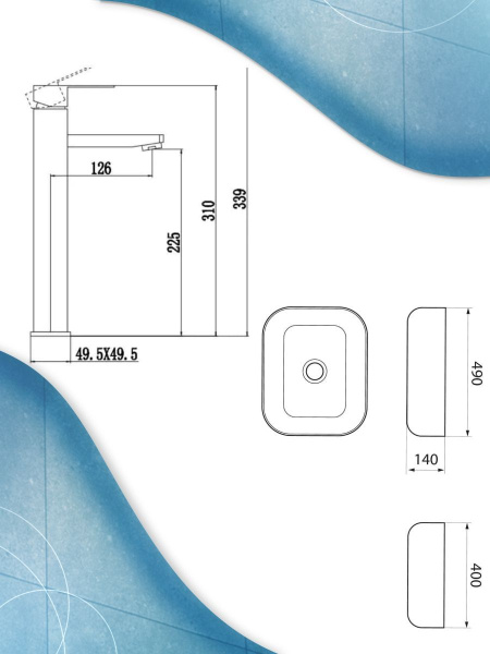 Раковина накладная со смесителем (прямоугольная BAU Stil Pro 50х40, белая + смеситель высокий Hotel Black, черный)