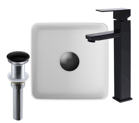 Раковина накладная со смесителем и выпуском (Умывальник BAU Mini квадратный 24х24 белый + смеситель для раковины высокий Hotel Black, черный, выпуск клик клак, черный)
