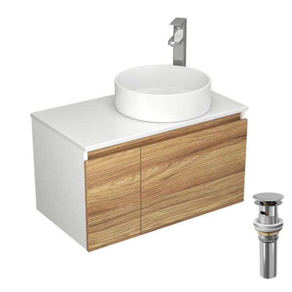 Комплект для ванной, 4 предмета (Тумба Bau Dream Blackwood 80, раковина BAU Dream круглая D41, смеситель для раковины Potato Hotel, выпуск клик клак, хром)