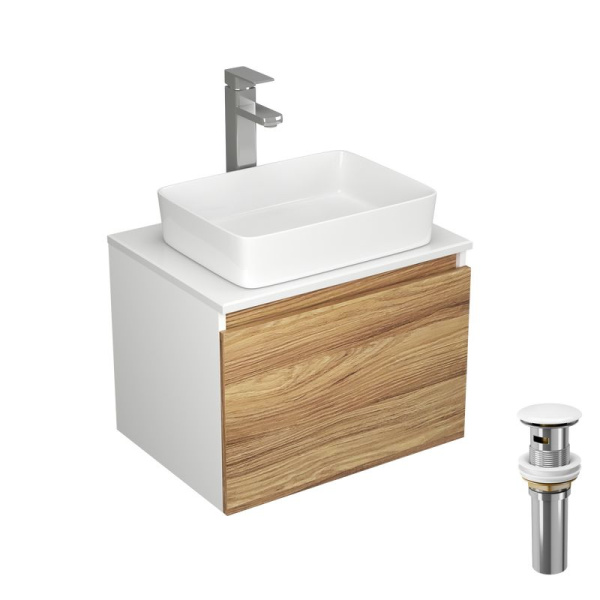 Комплект для ванной, 4 предмета (Тумба Bau Dream Blackwood 60, раковина BAU Hotel 48х37, смеситель для раковины Potato Hotel, выпуск клик клак, белый)