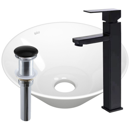 Раковина накладная со смесителем и выпуском (круглая BAU Dream D43, белая + смеситель Hotel Black, черный, выпуск клик-клак черный)