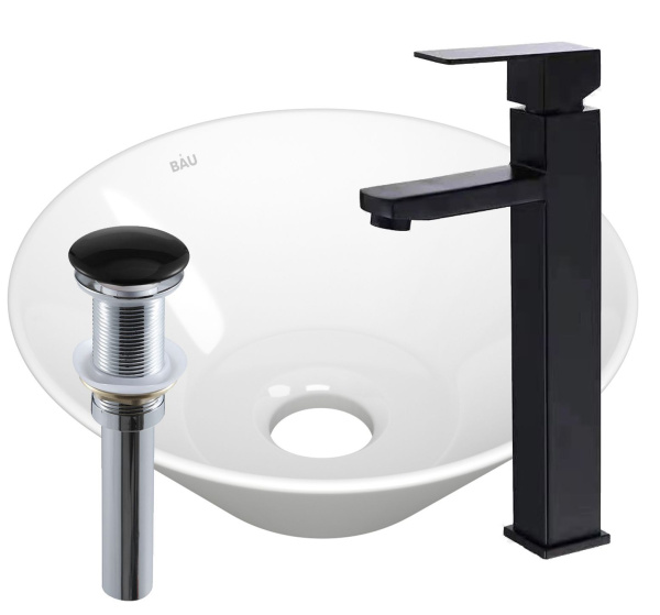 Раковина накладная со смесителем и выпуском (круглая BAU Dream D43, белая + смеситель Hotel Black, черный, выпуск клик-клак черный)