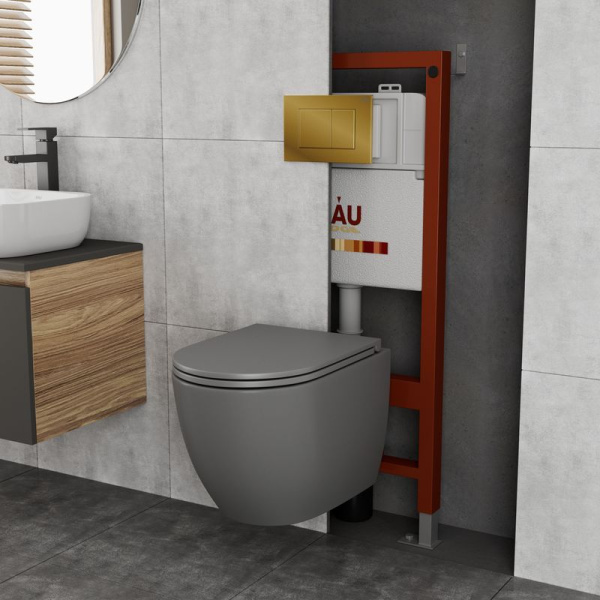 Комплект BAU 6 в 1: инсталляция BAU PRO, унитаз подвесной торнадо обратного потока Bau Dream Hurricane-2, сиденье дюропласт микролифт, темно-серый матовый, клавиша BAU Stil, золото