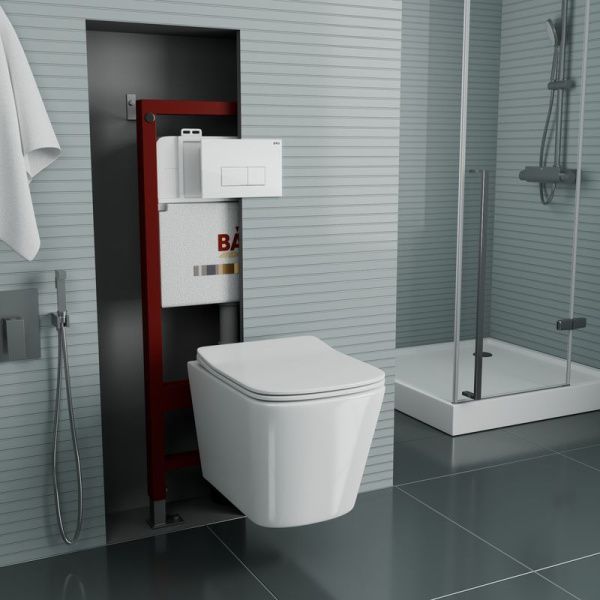 Комплект BAU 6 в 1: инсталляция BAU PRO, Унитаз подвесной безободковый Bau Stil 49x35, сиденье дюропласт микролифт, клавиша BAU Hotel, белый глянец