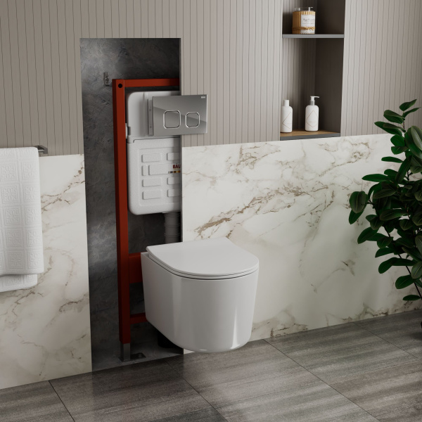 Комплект BAU 6 в 1: усиленная инсталляция BAU IDEAL, унитаз подвесной безободковый Bau Hotel PRO, сиденье микролифт, клавиша BAU Strike, хром