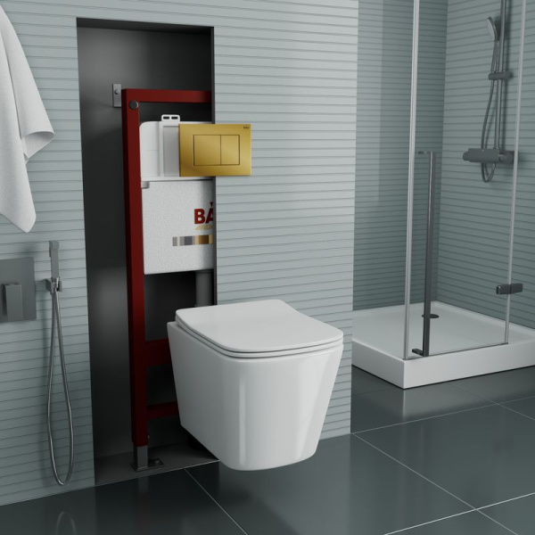 Комплект BAU 6 в 1: инсталляция BAU PRO, Унитаз подвесной безободковый Bau Stil 49x35, сиденье дюропласт микролифт, клавиша BAU Stil, золото
