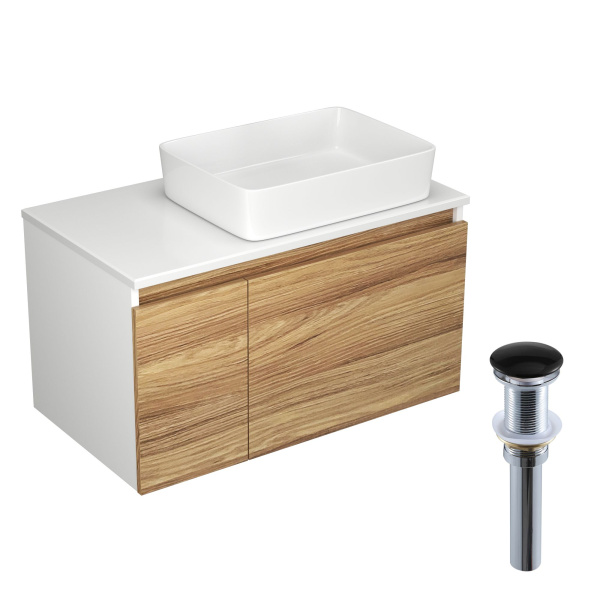 Тумба с раковиной и выпуском (Тумба Bau Dream Blackwood 80, умывальник BAU Hotel 48х37, выпуск клик клак, черный)