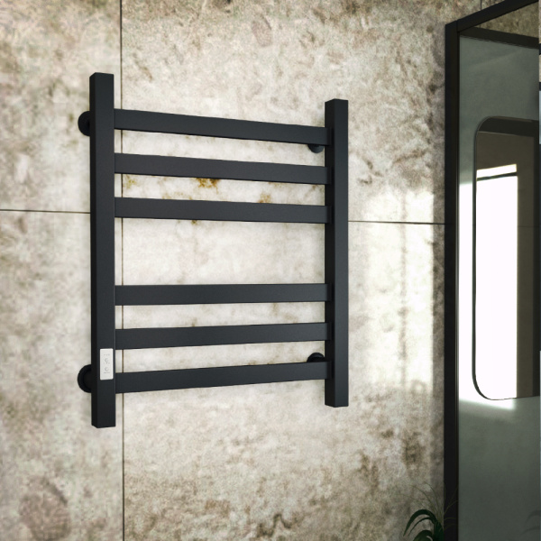 Полотенцесушитель электрический профильный Маргроид BAU В81/10 50х60, 2 вставки 3х3 размер 30*10, черный матовый RAL 9005 с таймером слева