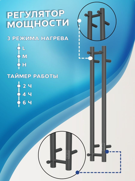 Полотенцесушитель дизайнерский электрический, профильный BAU Stella 8х80, 2 коллектора, 3 крючка (Чёрный матовый DB-0074)