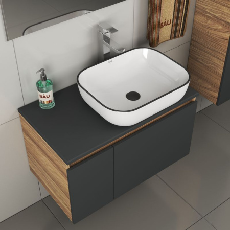 Комплект для ванной, 4 предмета (тумба Bau 80, графит + раковина BAU Stil Black Rand 50х40 + смеситель Hotel Still, выпуск клик-клак, черный)