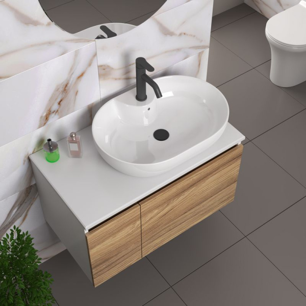 Комплект для ванной, 4 предмета (Тумба подвесная Bau Blackwood 80 + Раковина BAU 60х42, с отв. под см-ль + Смеситель Dream Black, выпуск черный)