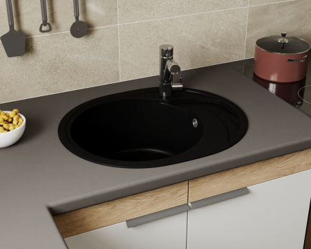 Мойка для кухни оборачиваемая овальная BAU Nimb Black coal 58х47, выпуск с сифоном в комплекте, черный уголь