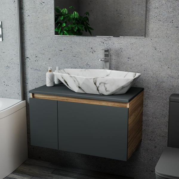 Комплект для ванной, 3 предмета (Тумба подвесная Bau Blackwood 80 графит + Раковина BAU 64х40, мрамор, Смеситель высокий Hotel Still, нерж. сталь)