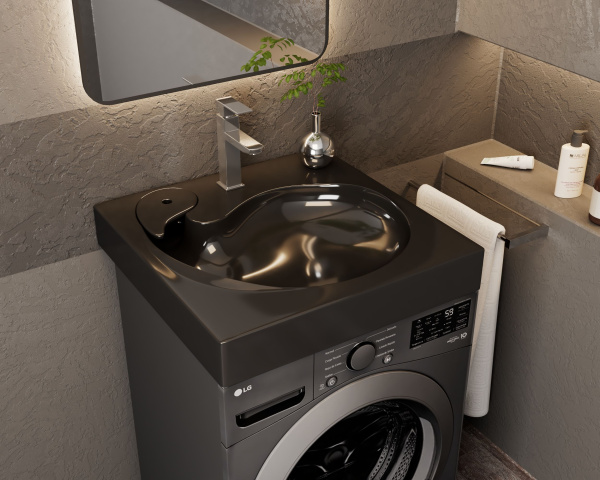 Раковина над стиральной машиной BAU Omega 60х60, литьевой мрамор в комплекте с кронштейнами и сифоном, антрацит